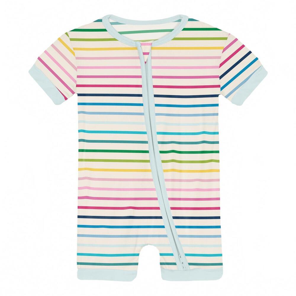 NEW KICKEE baby's shorty sleeper with zipper pajama in happy stripe